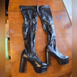 Black Platform Thigh-High Boots - Chunky Block Heel - Size 40 (US 9)